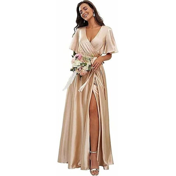 V Neck Long Bridesmaid Dress for Women with Slit Satin Formal Prom Evening Party - Picture 1 of 7